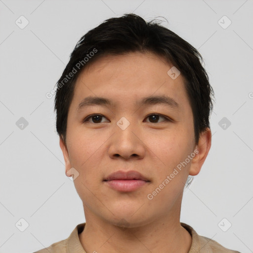 Neutral asian young-adult male with short  brown hair and brown eyes