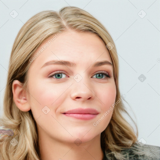 Joyful white young-adult female with medium  brown hair and blue eyes