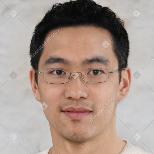 Neutral asian young-adult male with short  black hair and brown eyes