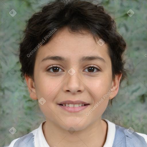 Joyful white child female with short  brown hair and brown eyes