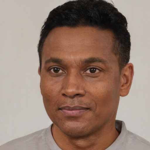 Neutral black adult male with short  black hair and brown eyes