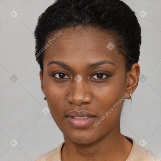 Neutral black young-adult female with short  black hair and brown eyes