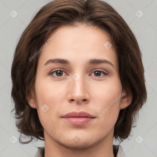 Neutral white young-adult female with medium  brown hair and brown eyes