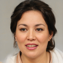 Joyful white adult female with medium  brown hair and brown eyes