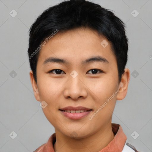 Joyful asian young-adult male with short  black hair and brown eyes