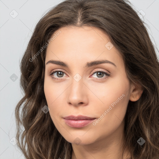 Neutral white young-adult female with long  brown hair and brown eyes