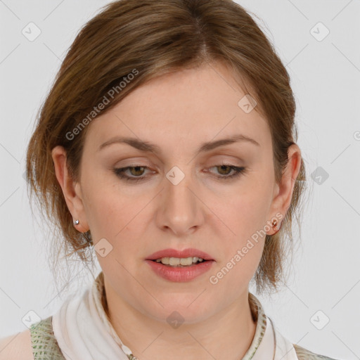 Joyful white young-adult female with medium  brown hair and blue eyes