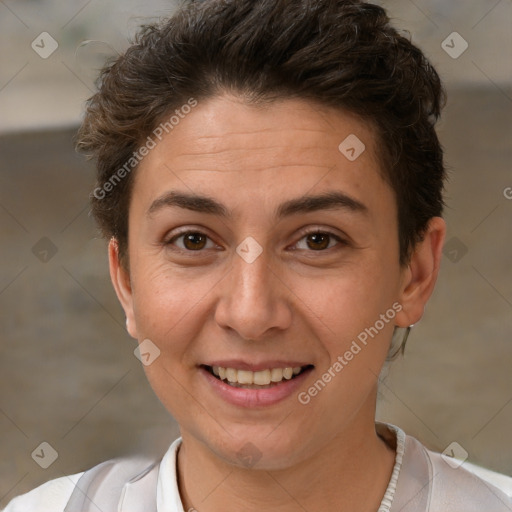 Joyful white adult female with short  brown hair and brown eyes