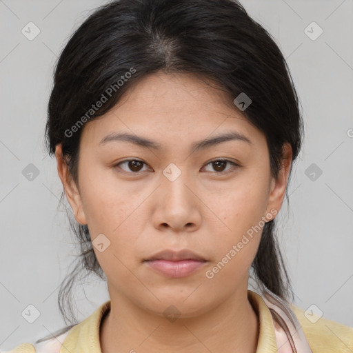 Neutral asian young-adult female with medium  brown hair and brown eyes