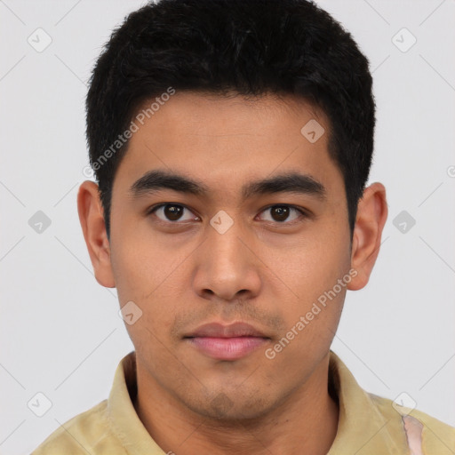 Neutral latino young-adult male with short  black hair and brown eyes