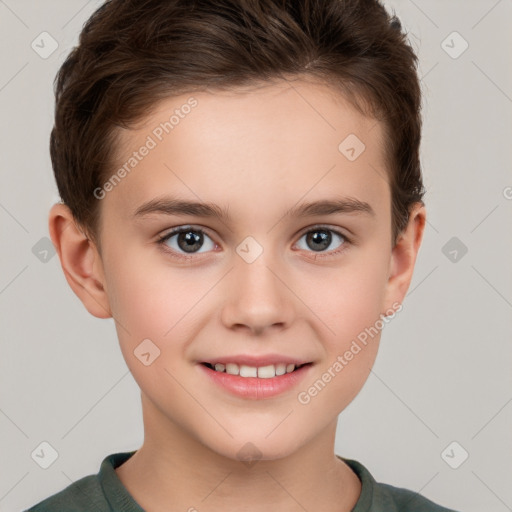 Joyful white child female with short  brown hair and brown eyes