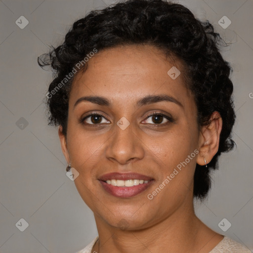 Joyful latino young-adult female with short  brown hair and brown eyes