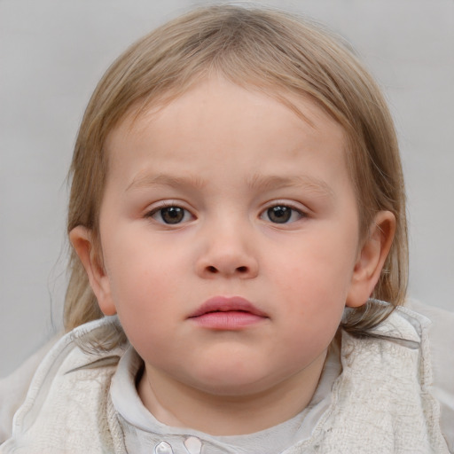 Neutral white child female with medium  brown hair and blue eyes