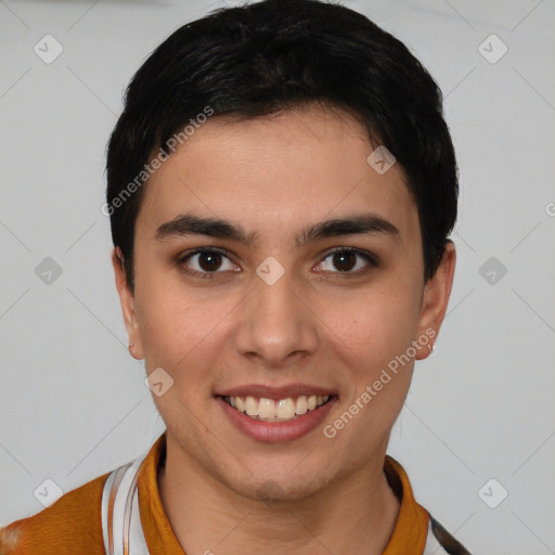 Joyful white young-adult female with short  brown hair and brown eyes