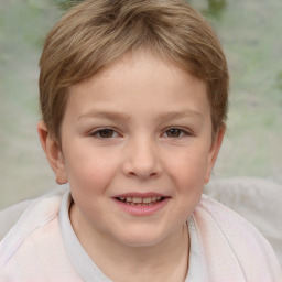 Joyful white child female with short  brown hair and brown eyes