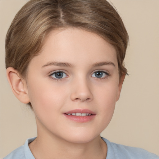 Joyful white child female with short  brown hair and brown eyes