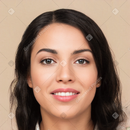 Joyful white young-adult female with long  black hair and brown eyes