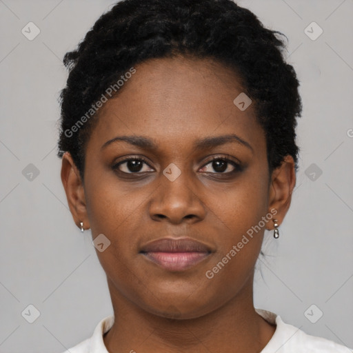 Neutral black young-adult female with short  black hair and brown eyes