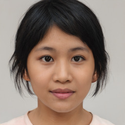 Joyful asian young-adult female with medium  black hair and brown eyes