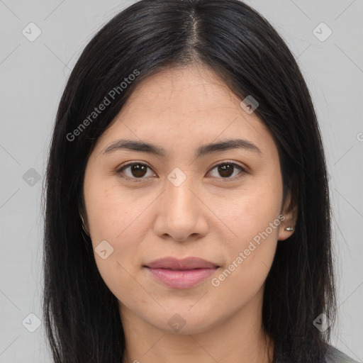 Joyful asian young-adult female with long  brown hair and brown eyes