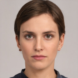 Neutral white young-adult female with short  brown hair and grey eyes