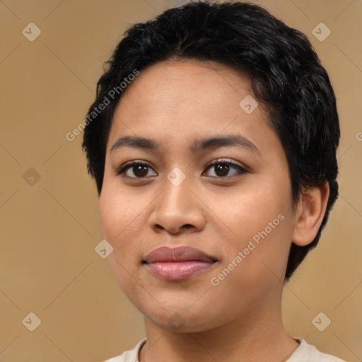 Joyful asian young-adult female with short  black hair and brown eyes