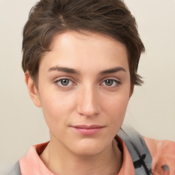 Neutral white young-adult female with short  brown hair and brown eyes