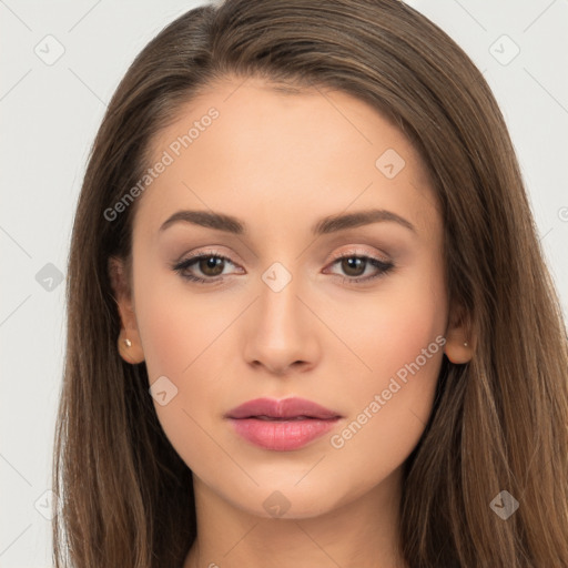 Neutral white young-adult female with long  brown hair and brown eyes