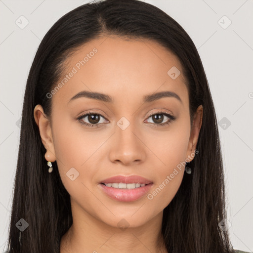 Joyful white young-adult female with long  black hair and brown eyes