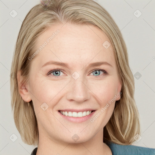 Joyful white young-adult female with medium  brown hair and blue eyes