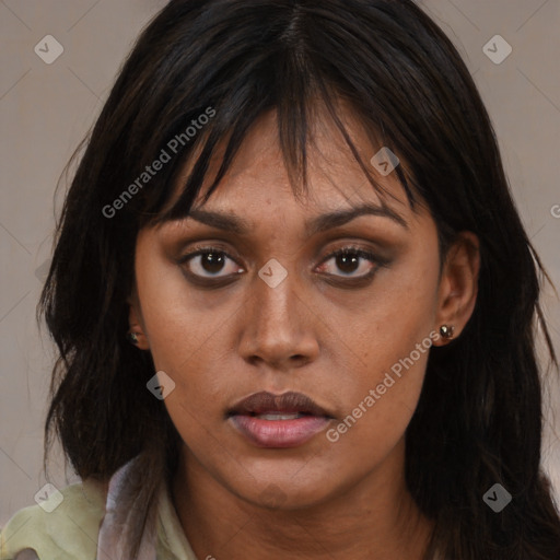 Neutral asian young-adult female with long  brown hair and brown eyes