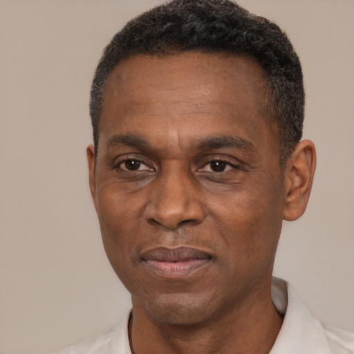 Neutral black adult male with short  black hair and brown eyes