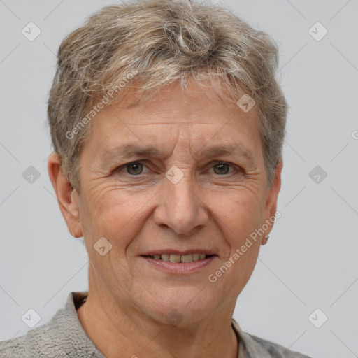 Joyful white middle-aged male with short  brown hair and brown eyes