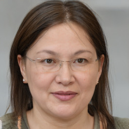 Joyful white adult female with medium  brown hair and grey eyes