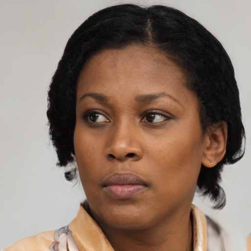 Neutral latino young-adult female with medium  black hair and brown eyes