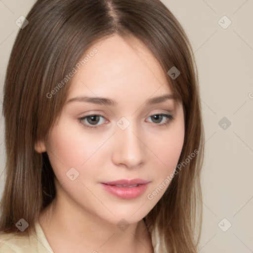 Neutral white young-adult female with medium  brown hair and brown eyes