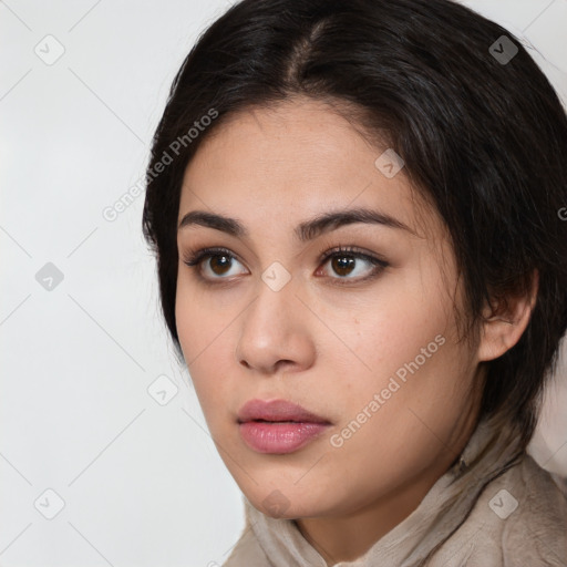 Neutral white young-adult female with medium  brown hair and brown eyes