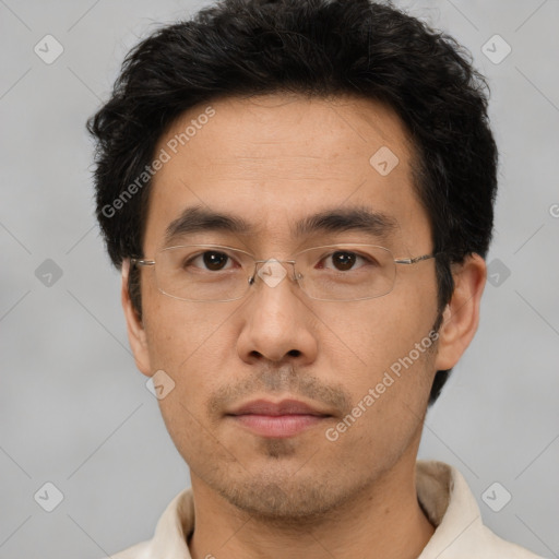 Neutral asian young-adult male with short  black hair and brown eyes