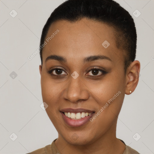 Joyful latino young-adult female with short  brown hair and brown eyes