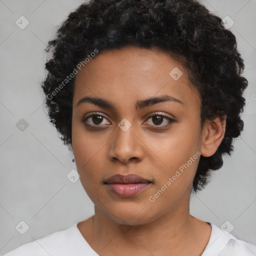 Neutral latino young-adult female with short  black hair and brown eyes