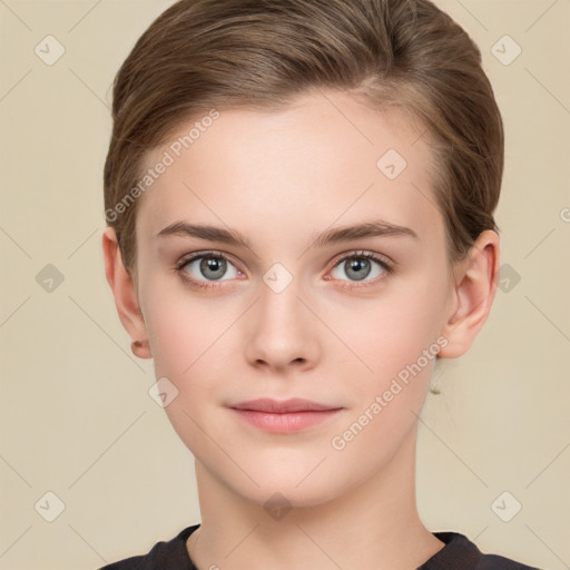 Neutral white young-adult female with short  brown hair and brown eyes