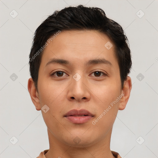 Neutral asian young-adult male with short  brown hair and brown eyes