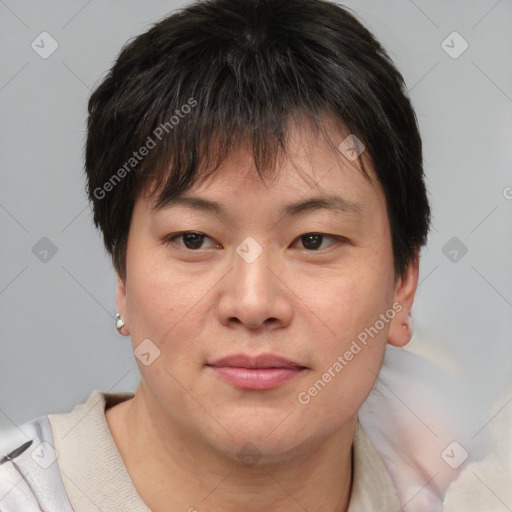 Joyful asian young-adult female with short  brown hair and brown eyes