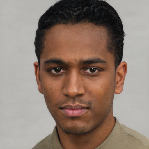 Neutral black young-adult male with short  black hair and brown eyes