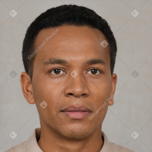 Neutral latino young-adult male with short  black hair and brown eyes