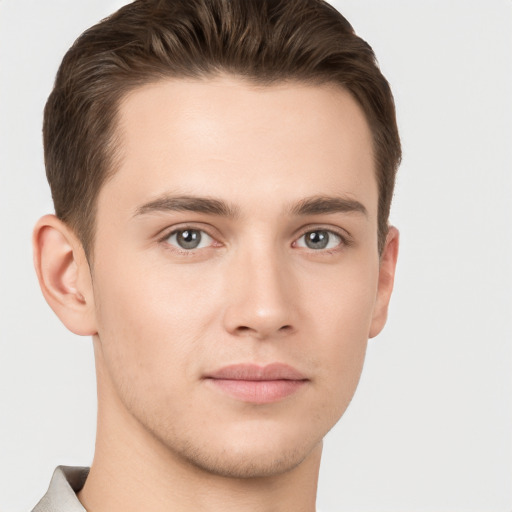 Neutral white young-adult male with short  brown hair and brown eyes