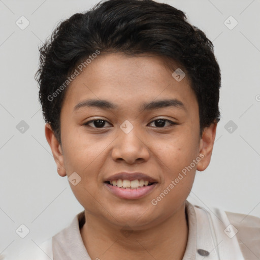 Joyful latino young-adult female with short  brown hair and brown eyes