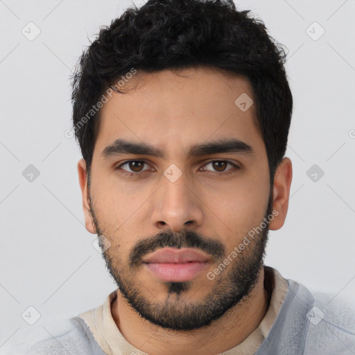 Neutral latino young-adult male with short  black hair and brown eyes