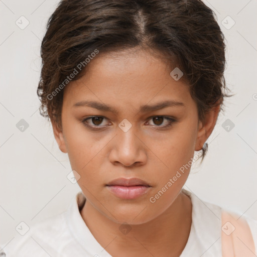 Neutral white young-adult female with short  brown hair and brown eyes