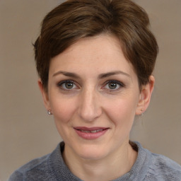 Joyful white adult female with short  brown hair and grey eyes